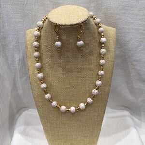 Chic Gold and Cream Beaded Necklace and Earring Set
